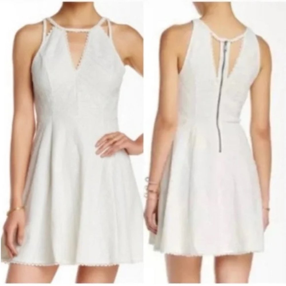 Free People white/ivory cream lace dress v neck halter top skater dress zipper